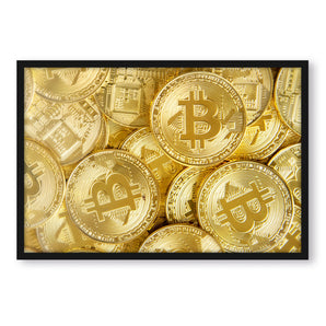 Poster im Rahmen - goldfarbene Bitcoins BTC